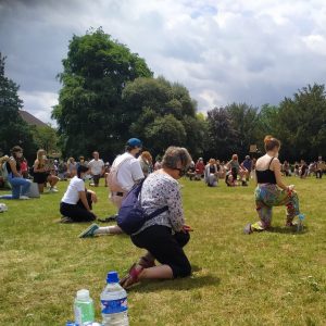 Socially distances, the pople of Woodbridge, Suffolk, take the knee at a peaceful BLM demonstration